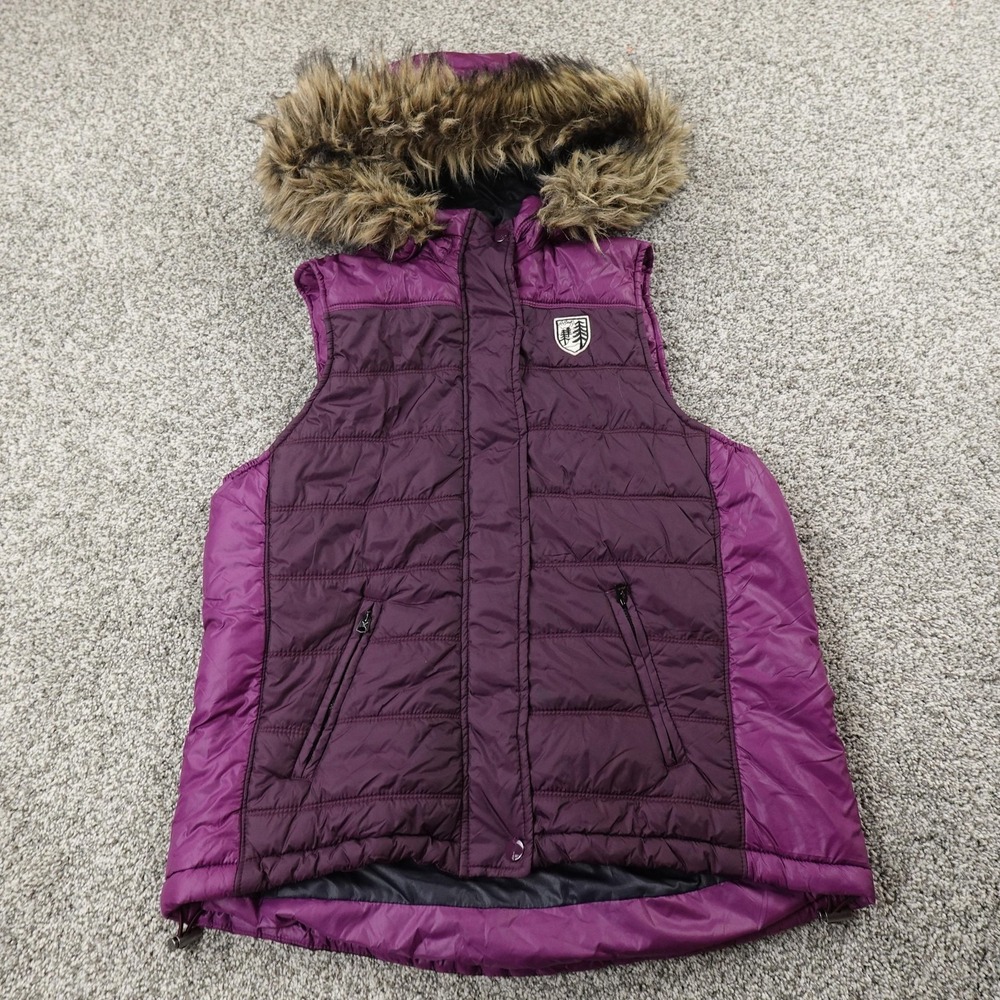 VTG American Eagle Vest Womens XL Purple Hooded Faux Fur Quilted Puffer Coat Y2K